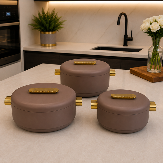 3 Pcs Premium Coffee Brown Insulated Hotpot with Gold Accents