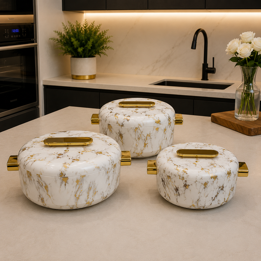 3 Pcs Premium Marble White Insulated Hotpot with Gold Accents