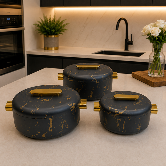 3 Pcs Premium Black Marble Insulated Hotpot with Gold Accents