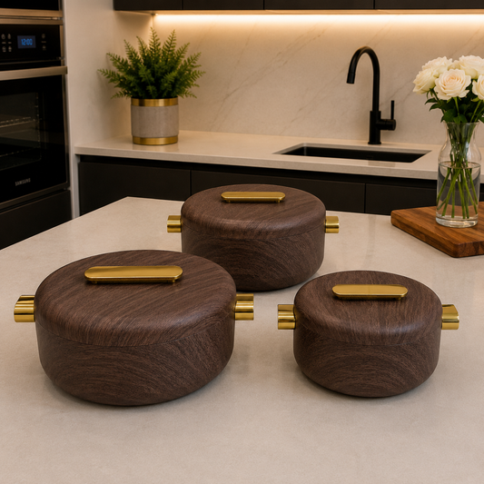 3 Pcs Premium Wooden Finish Insulated Hotpot with Gold Accents