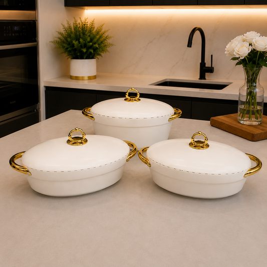 3 Pcs Premium White Insulated Casserole Hotpot with Gold Handles