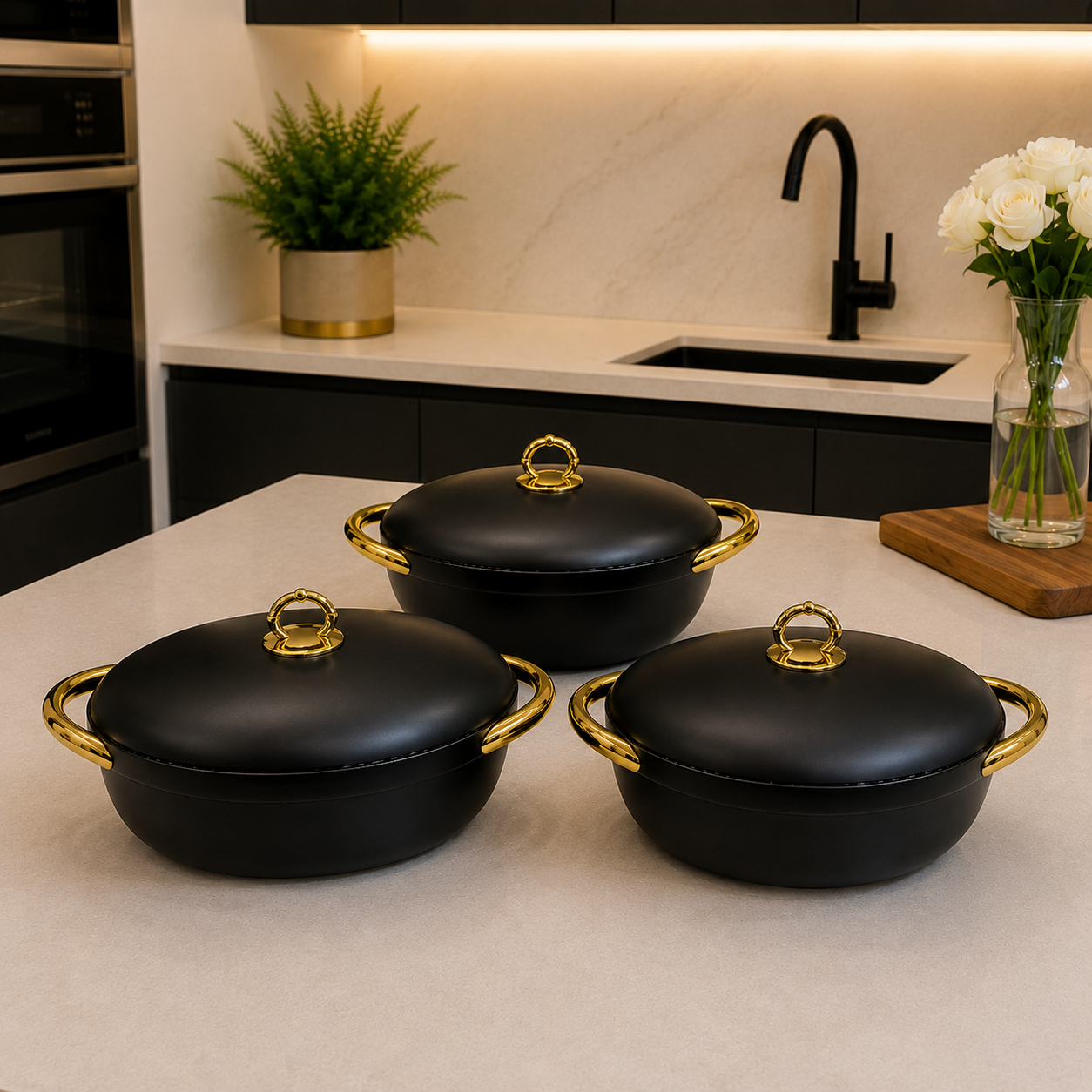 3 Pcs Premium Black Insulated Casserole Hotpot with Gold Handles