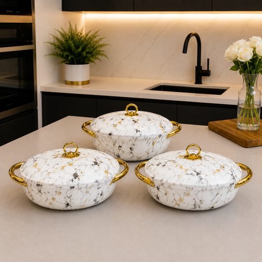 3 Pcs Premium White Marble Insulated Casserole Hotpot with Gold Handles