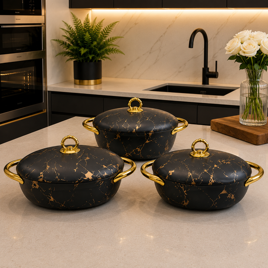 3 Pcs Premium Black Marble Insulated Casserole Hotpot with Gold Handles