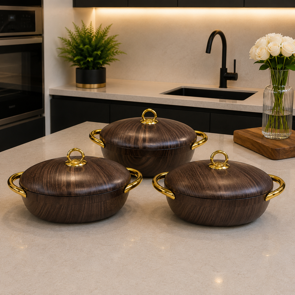 3 Pcs Premium Wooden Finish Insulated Casserole Hotpot with Gold Handles