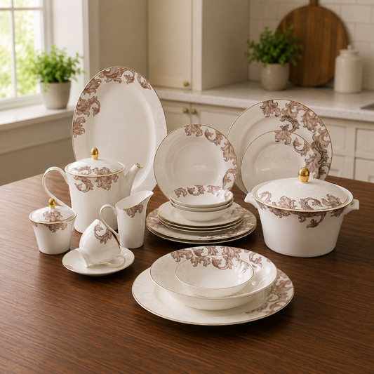 Bone China 24 Pieces Tea Set – Classic Brown Floral Tea Cup