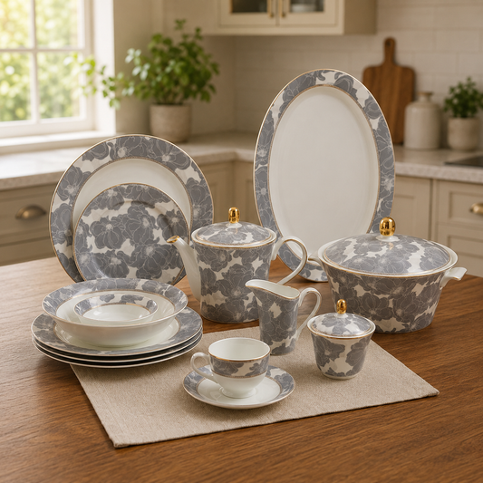 Bone China 24 Pcs Tea Set – Grey Floral Elegance