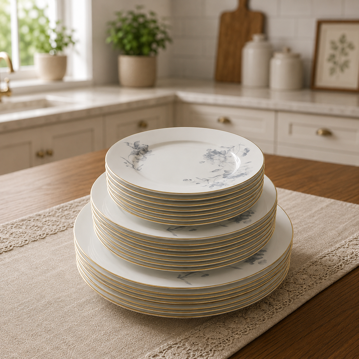 Bone China Plate Set 18 Pcs – Elegant Floral Gold Rim Dinnerware