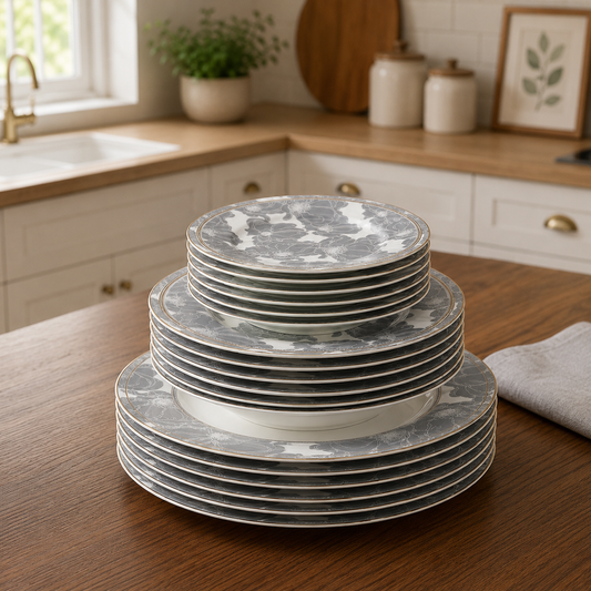 Bone China Plate Set 18 Pcs – Premium Grey Floral Dinnerware