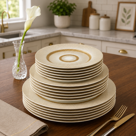 Bone China Plate Set – 18 Pieces Elegant Gold Accent Dinnerware Set
