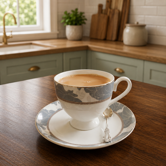 Porcelain 6-Piece Cup & Saucer Set – Elegant Grey Floral Tea Cup