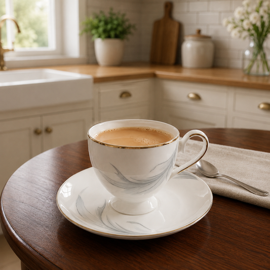 Porcelain 6-Piece Cup & Saucer Set – Elegant Grey Floral Tea Cup