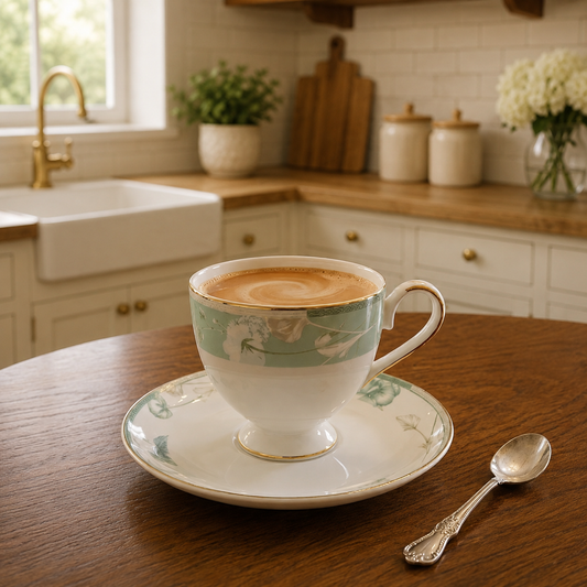 Porcelain 6-Piece Cup & Saucer Set – Elegant Mint Floral Tea Cup