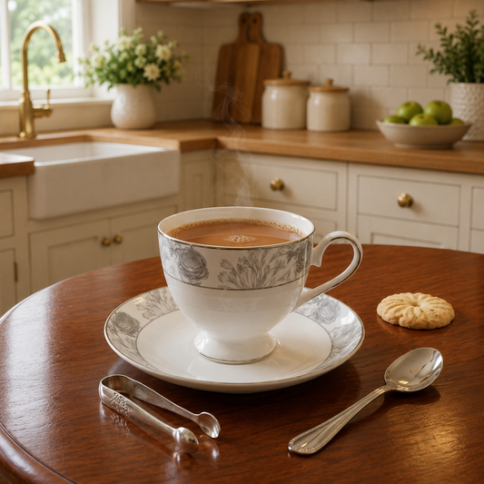 Porcelain 6-Piece Cup & Saucer Set – Elegant Grey Floral Tea Cup