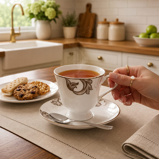 Porcelain 6-Piece Cup & Saucer Set – Elegant Gold Floral Tea Cup