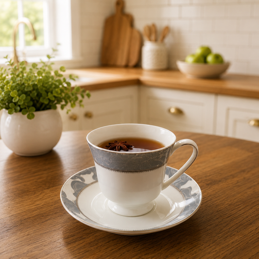Porcelain 6-Piece Cup & Saucer Set – Elegant Grey Pattern Tea Cup