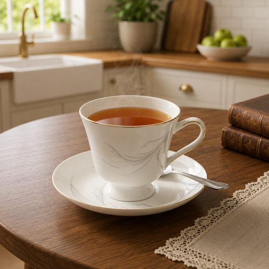 Porcelain 6-Piece Cup & Saucer Set – Elegant Silver Floral Tea Cup