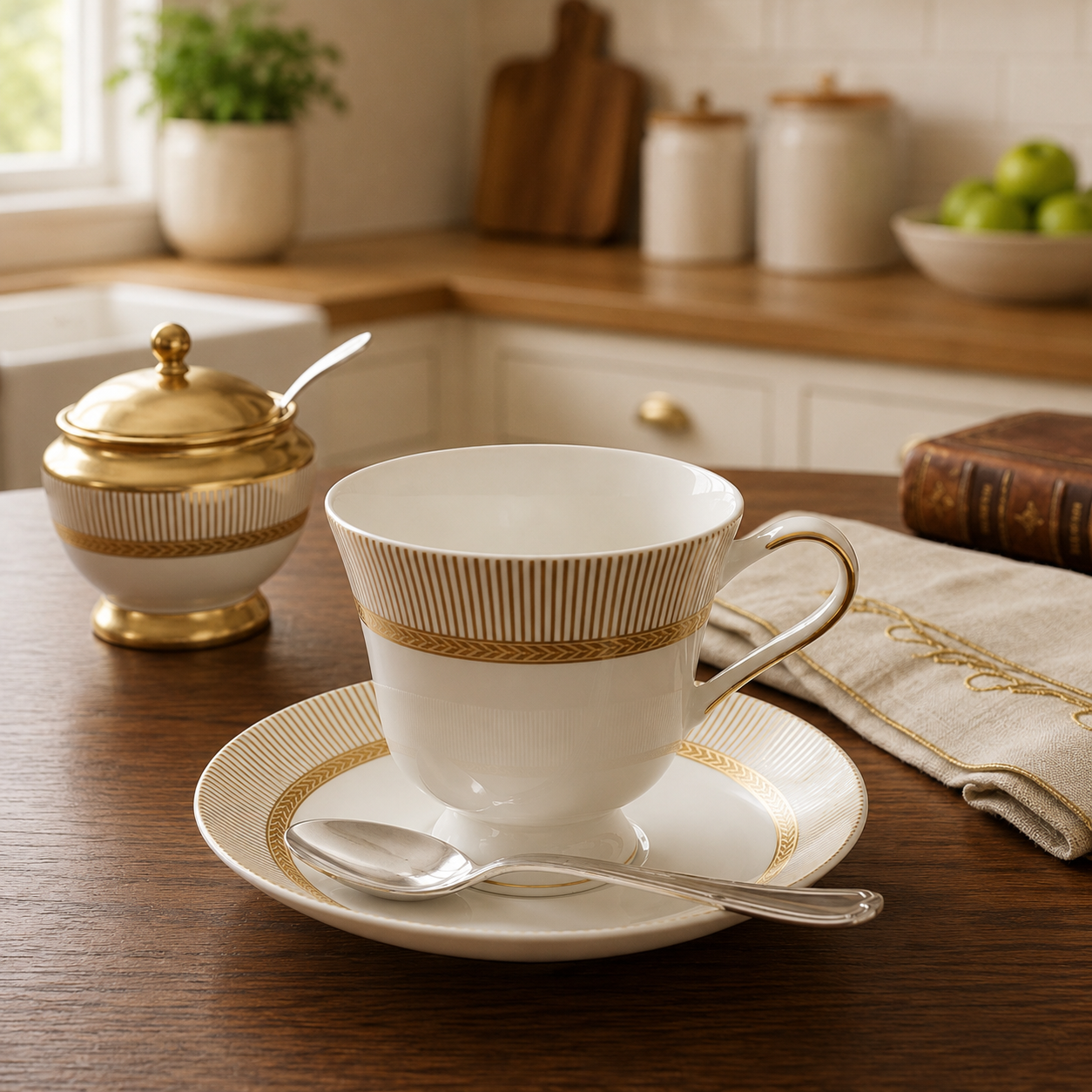 Porcelain 6-Piece Cup & Saucer Set – Luxury Gold Stripe Tea Cup