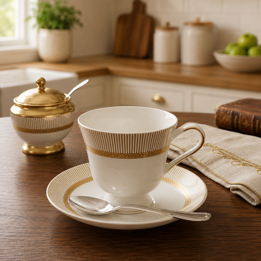 Porcelain 6-Piece Cup & Saucer Set – Luxury Gold Stripe Tea Cup
