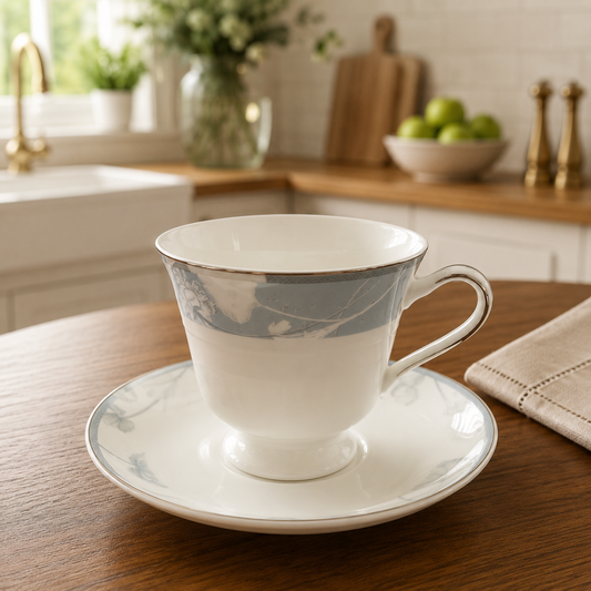Porcelain 6-Piece Cup & Saucer Set – Elegant Blue Floral Tea Cup
