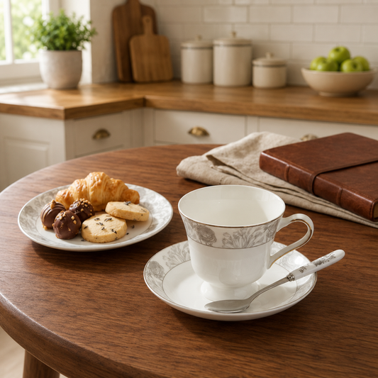 Porcelain 6-Piece Cup & Saucer Set – Elegant Silver Floral Tea Cup