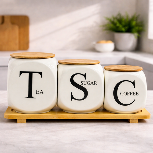 Modern Ceramic Tea Coffee Sugar Storage Jar Set with Bamboo Tray
