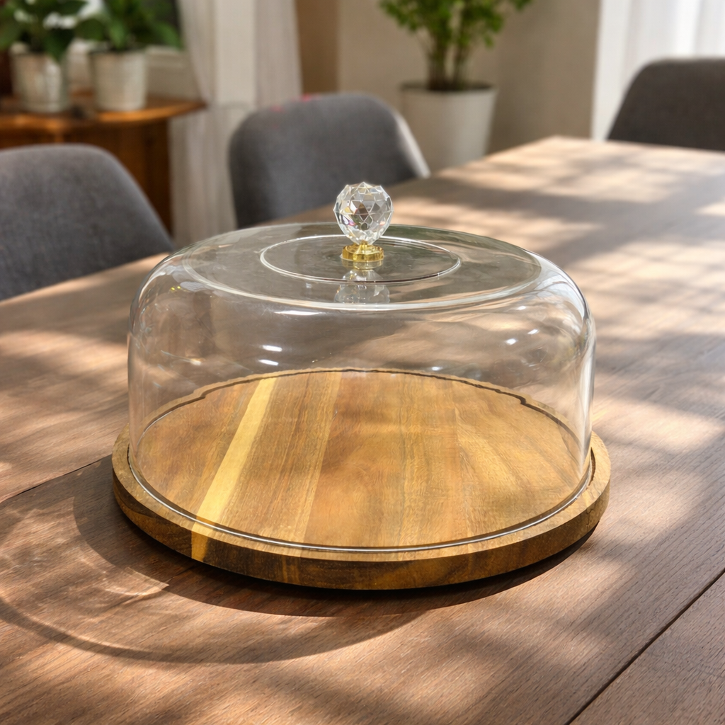 Premium Wooden Cake Stand with Acrylic Dome Cover
