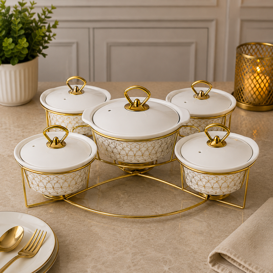 Brilliant Royal Feast 5PCS Round Ceramic Casserole Set with Metal Stand