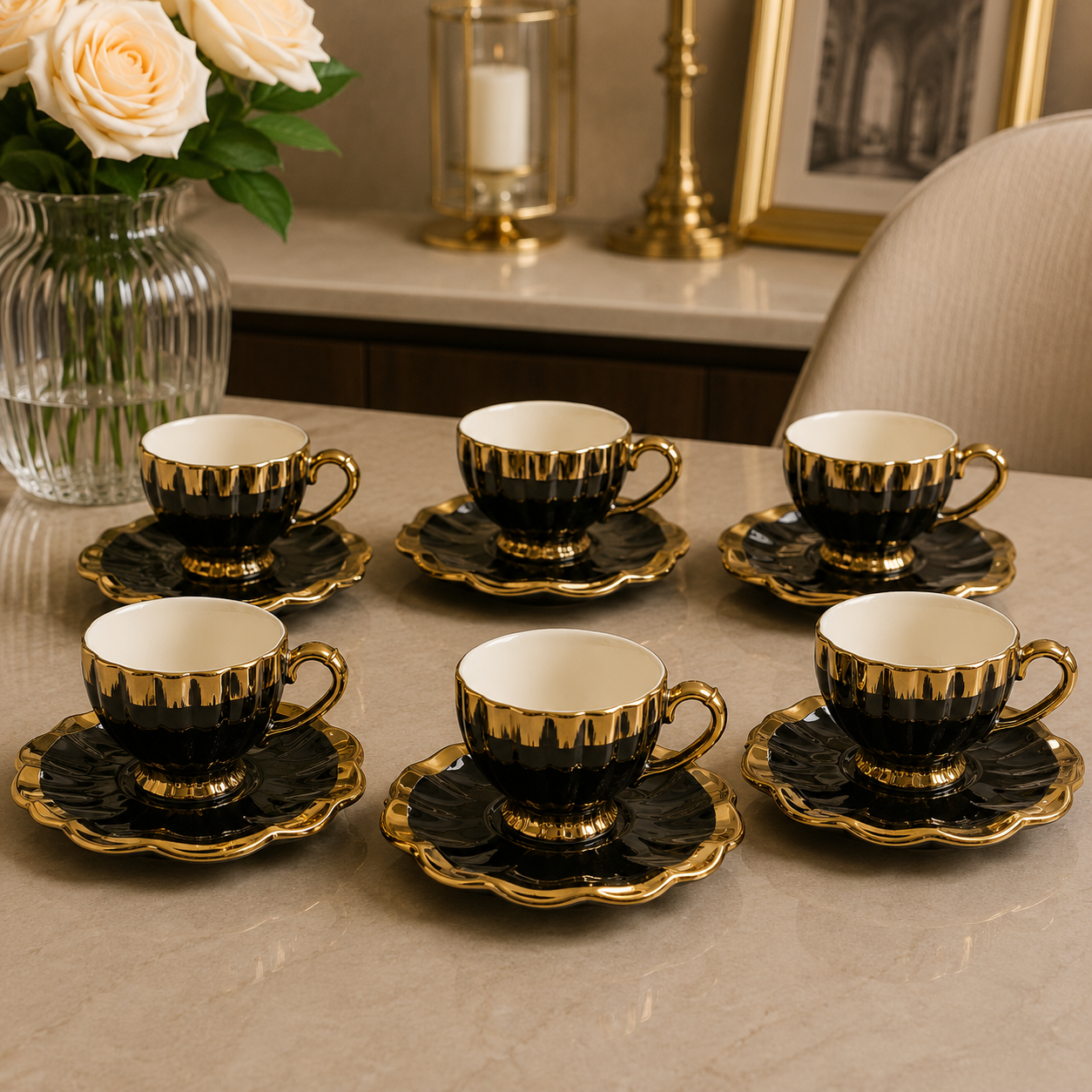 Cup N Saucer Stone Heavy Ceramic Set – 6 Pcs Black Royal Gold Edition
