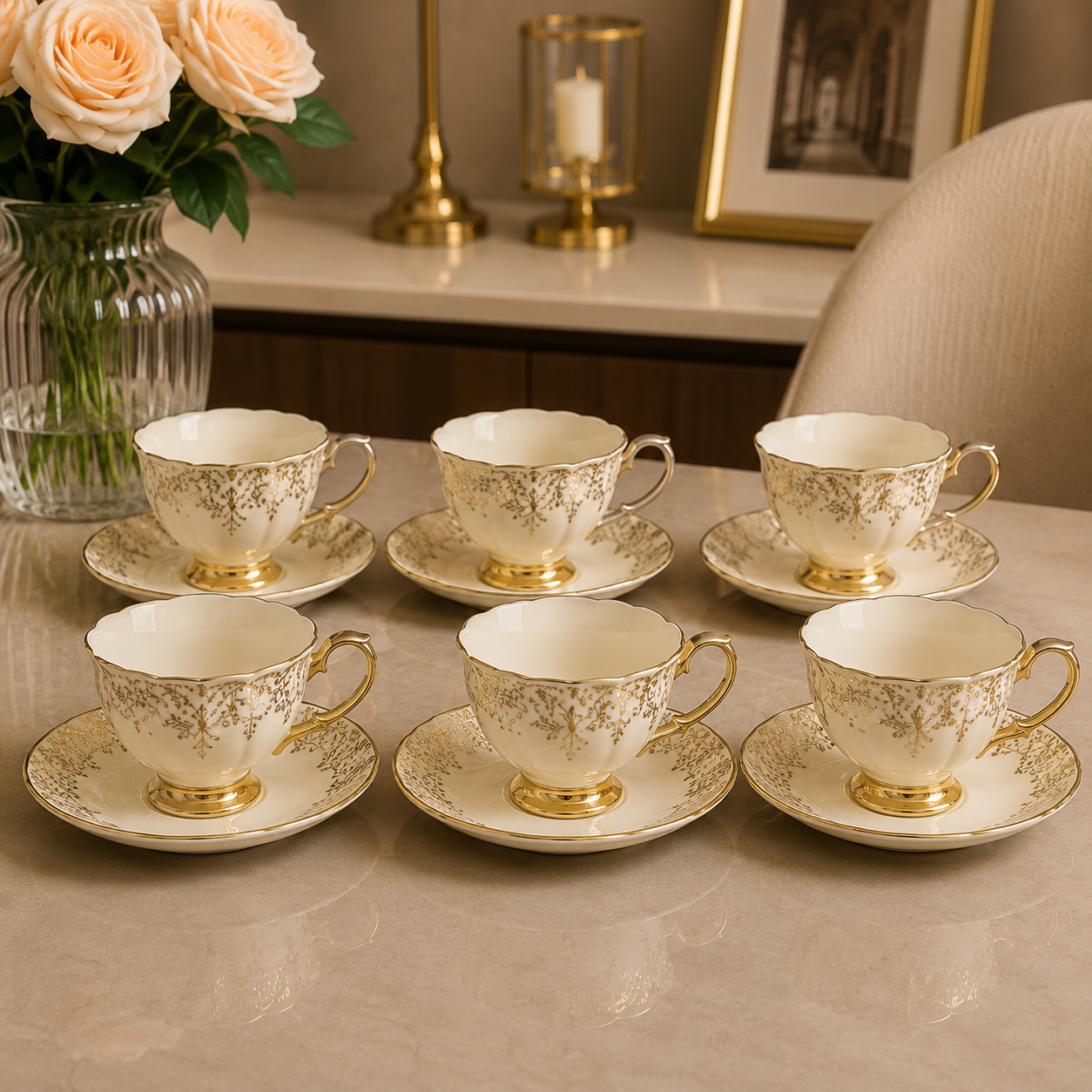Cup N Saucer Stone Heavy Ceramic Set – 6 Pcs Vintage Gold Floral Edition