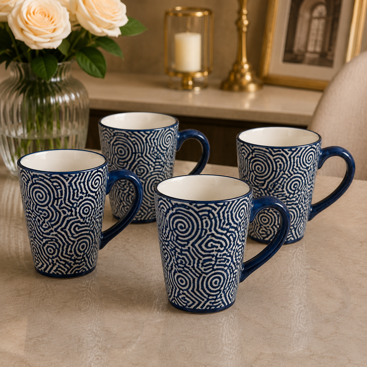 4 Pack Ceramic Mug Set – Blue Pattern Collection