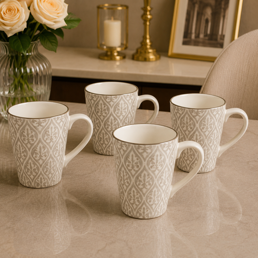 4 Pack Ceramic Mug Set – Classic Beige Pattern Collection