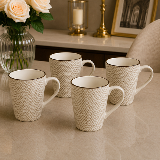 4 Pack Ceramic Mug Set – Textured Ivory Collection