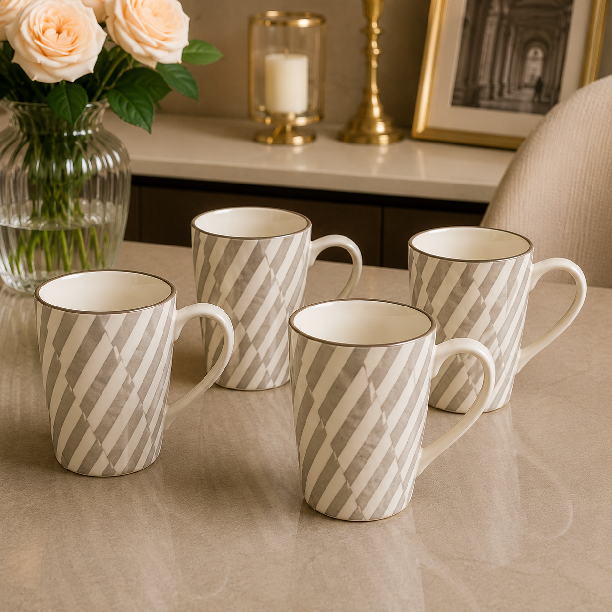 4 Pack Ceramic Mug Set – Modern Grey Geometric Collection