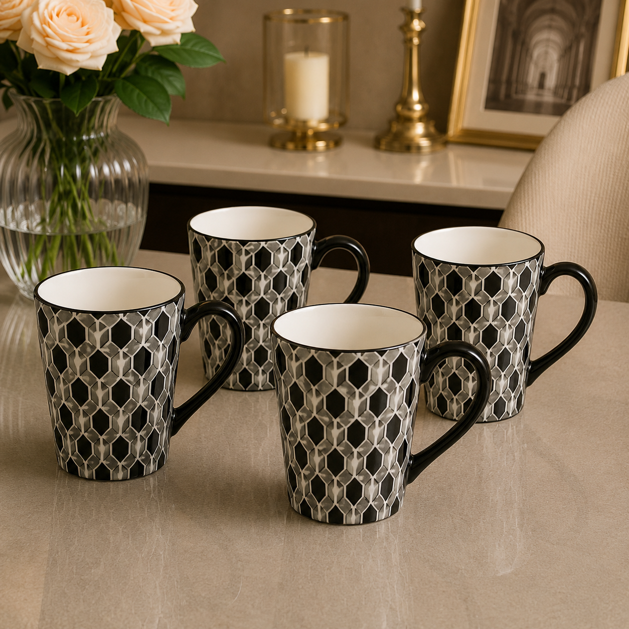 4 Pack Ceramic Mug Set – Black Geometric Collection
