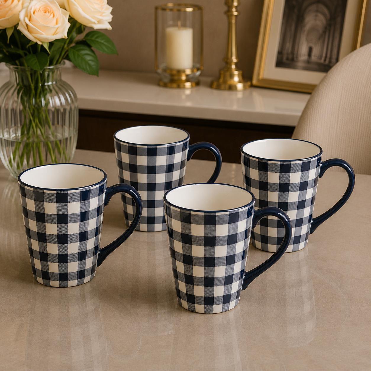 4 Pack Ceramic Mug Set – Navy Checkered Collection