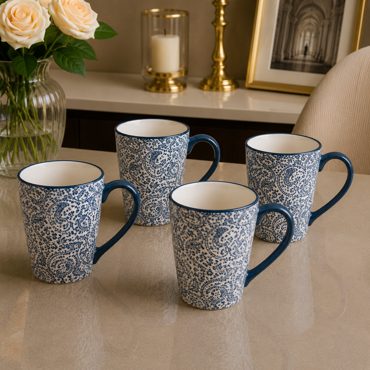 4 Pack Ceramic Mug Set – Blue Paisley Collection