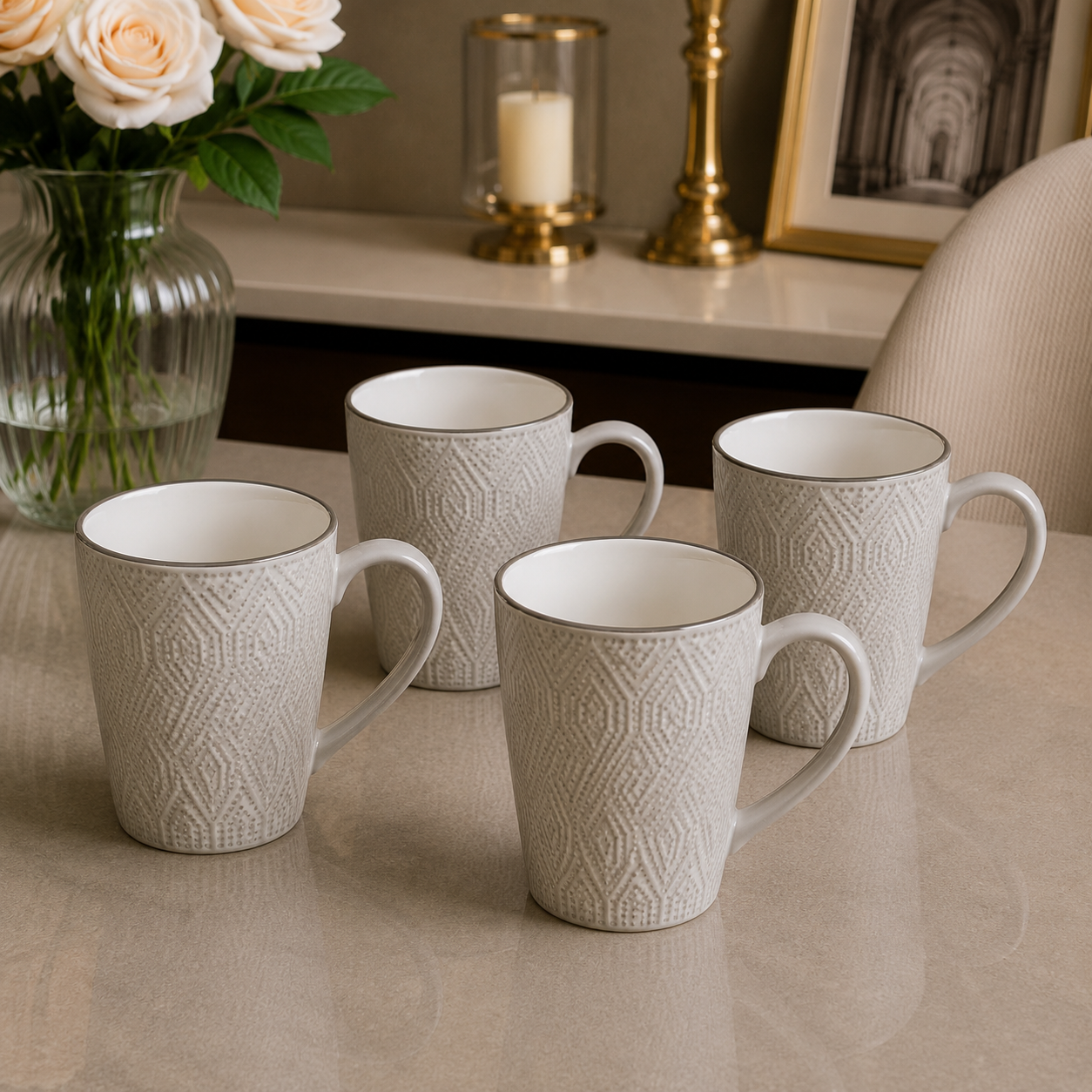 4 Pack Ceramic Mug Set – Textured Diamond Collection
