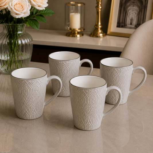 4 Pack Ceramic Mug Set – Textured Diamond Collection