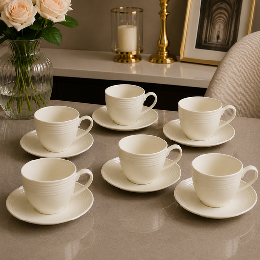 Coffee Mug Cup & Saucer Set – 6 Pcs Minimal Ivory Collection