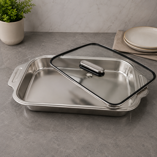 Premium Dish with Glass Lid – 42 × 26 × 6cm