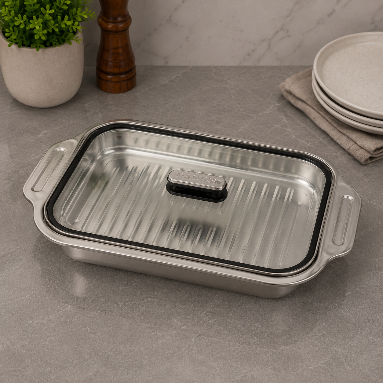 Premium Dish with Glass Lid – 38 x 23 x 6cm