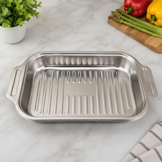 Premium Stainless Steel Ribbed Serving Dish – 42x26x6cm