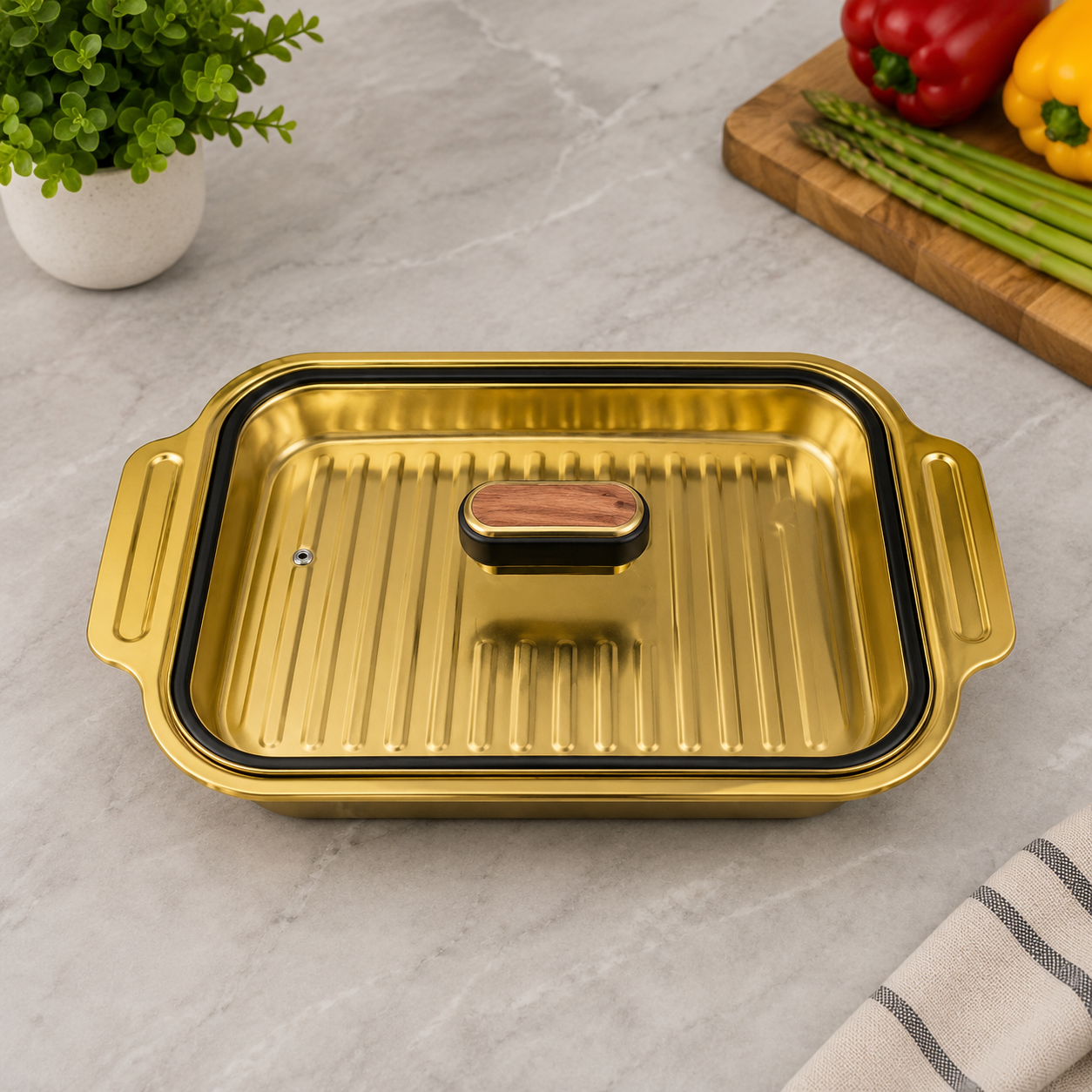 Royal Gold Ribbed Covered Serving Dish – 47x29x6cm