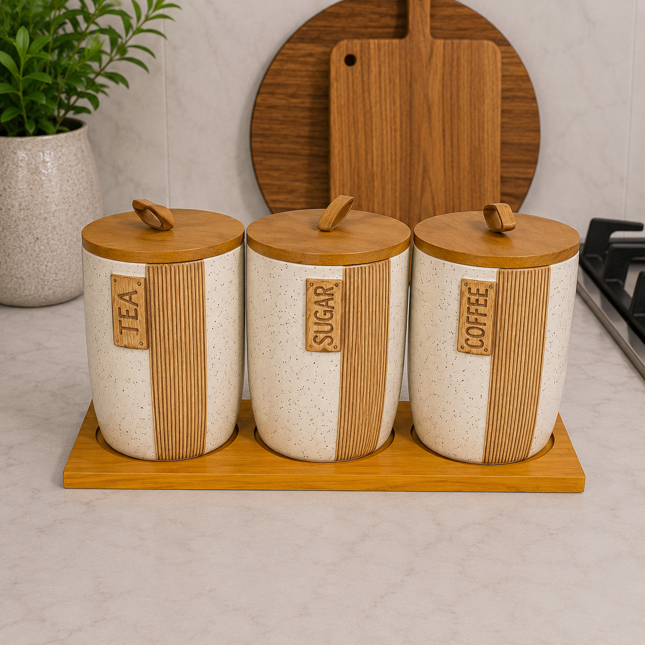 Nordic Ceramic & Bamboo Tea, Sugar & Coffee Canister Set