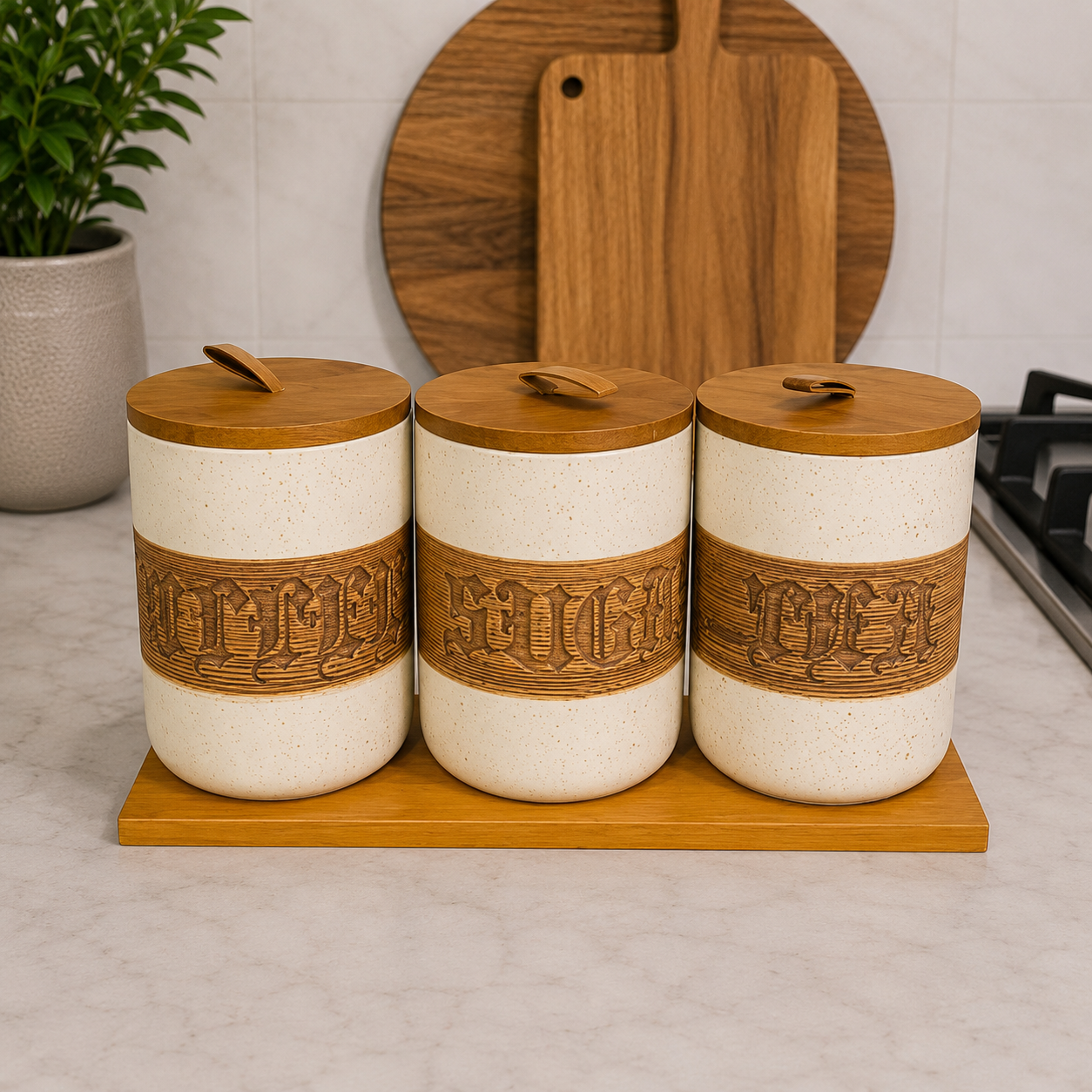 3 Pcs Lianqing Ceramic Canister Set with Wooden Stand
