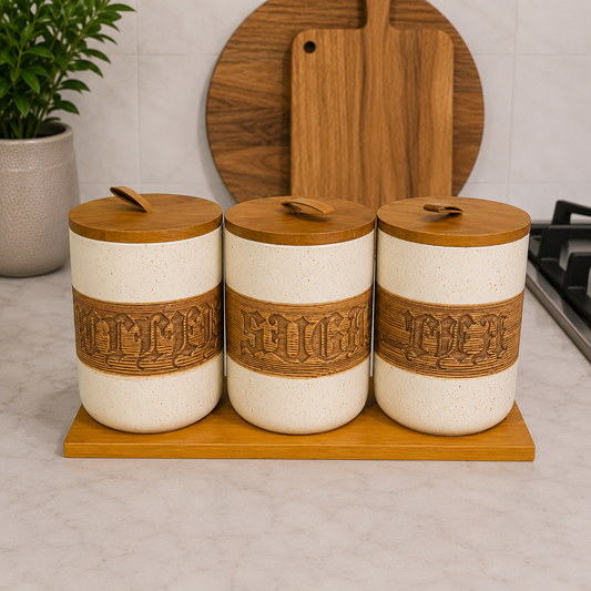 3 Pcs Lianqing Ceramic Canister Set with Wooden Stand