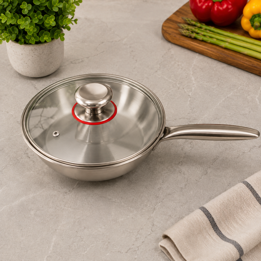 Premium Stainless Steel Wok with Glass Lid – 20cm