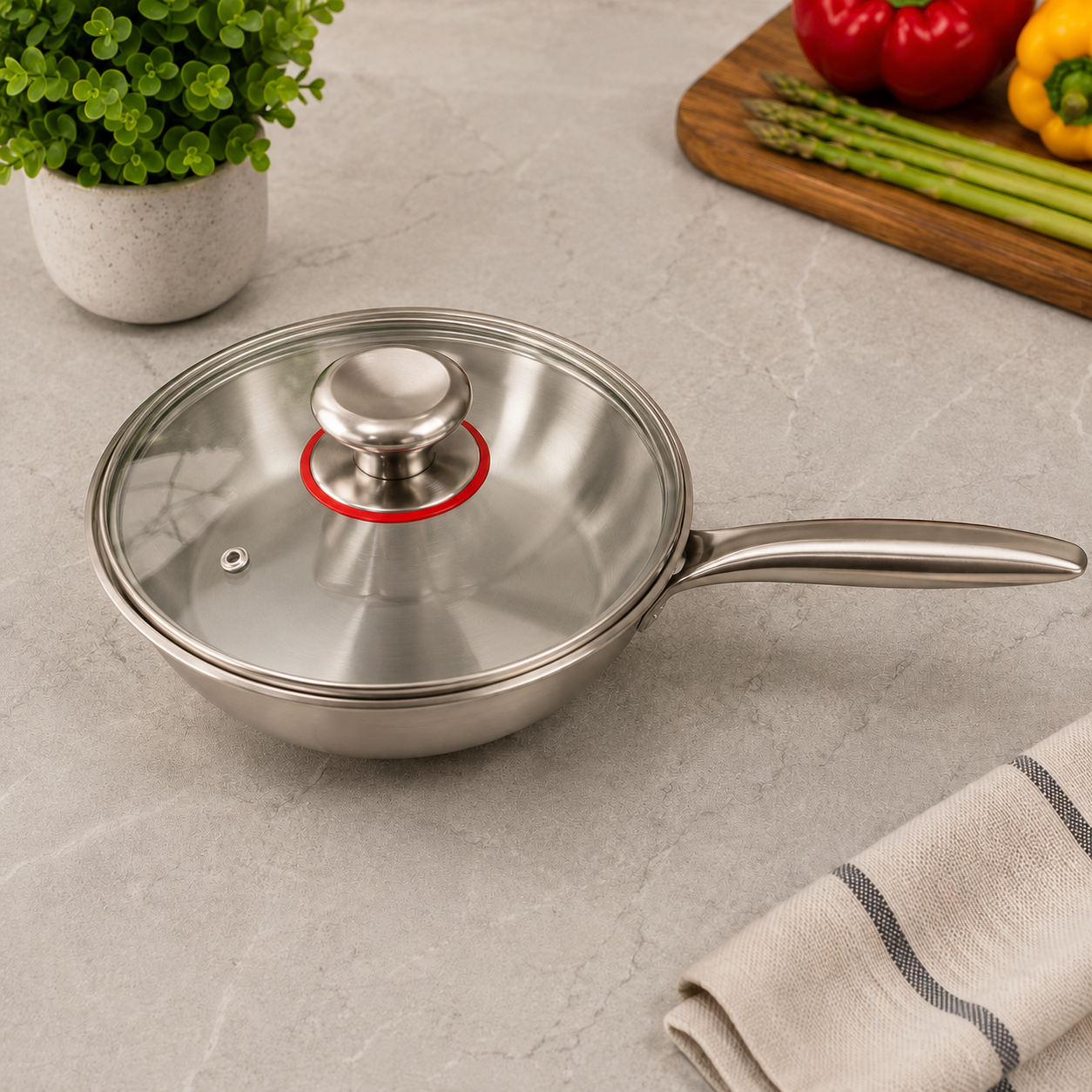 Premium Stainless Steel Wok with Glass Lid – 22cm