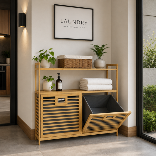 Bamboo Double Laundry Storage Organizer with Shelf